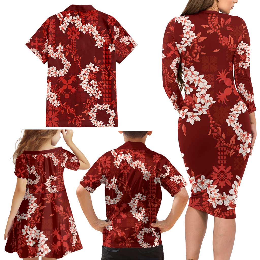 Mokihana Maile and Ilima Leis Family Matching Long Sleeve Bodycon Dress and Hawaiian Shirt Ulaʻula Hawaiian Tapa Quilt Pattern - Polynesian Pride