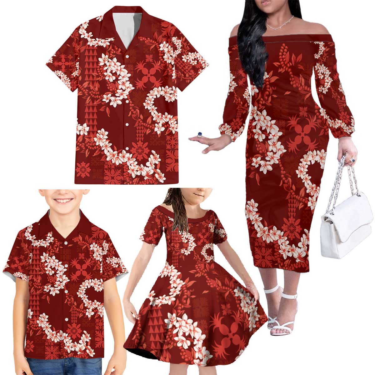 Mokihana Maile and Ilima Leis Family Matching Off The Shoulder Long Sleeve Dress and Hawaiian Shirt Ulaʻula Hawaiian Tapa Quilt Pattern - Polynesian Pride