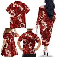Mokihana Maile and Ilima Leis Family Matching Off The Shoulder Long Sleeve Dress and Hawaiian Shirt Ulaʻula Hawaiian Tapa Quilt Pattern - Polynesian Pride
