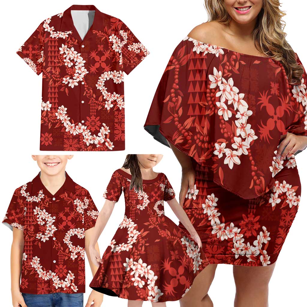Mokihana Maile and Ilima Leis Family Matching Off Shoulder Short Dress and Hawaiian Shirt Ulaʻula Hawaiian Tapa Quilt Pattern - Polynesian Pride