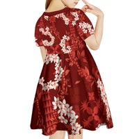 Mokihana Maile and Ilima Leis Kid Short Sleeve Dress Ulaʻula Hawaiian Tapa Quilt Pattern - Polynesian Pride