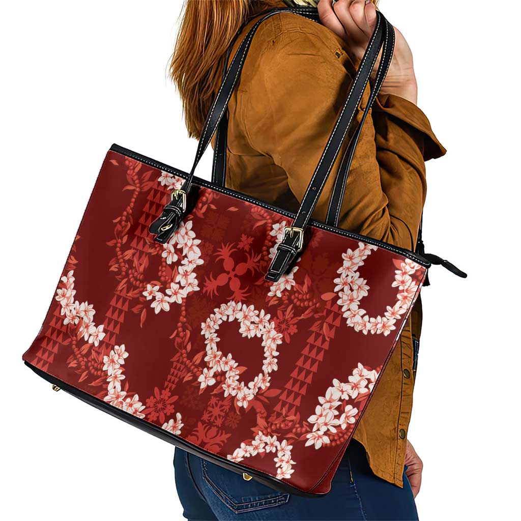 Mokihana Maile and Ilima Leis Leather Tote Bag Ulaʻula Hawaiian Tapa Quilt Pattern - Polynesian Pride