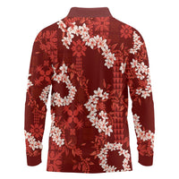Mokihana Maile and Ilima Leis Long Sleeve Polo Shirt Ulaʻula Hawaiian Tapa Quilt Pattern - Polynesian Pride