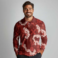 Mokihana Maile and Ilima Leis Long Sleeve Polo Shirt Ulaʻula Hawaiian Tapa Quilt Pattern - Polynesian Pride