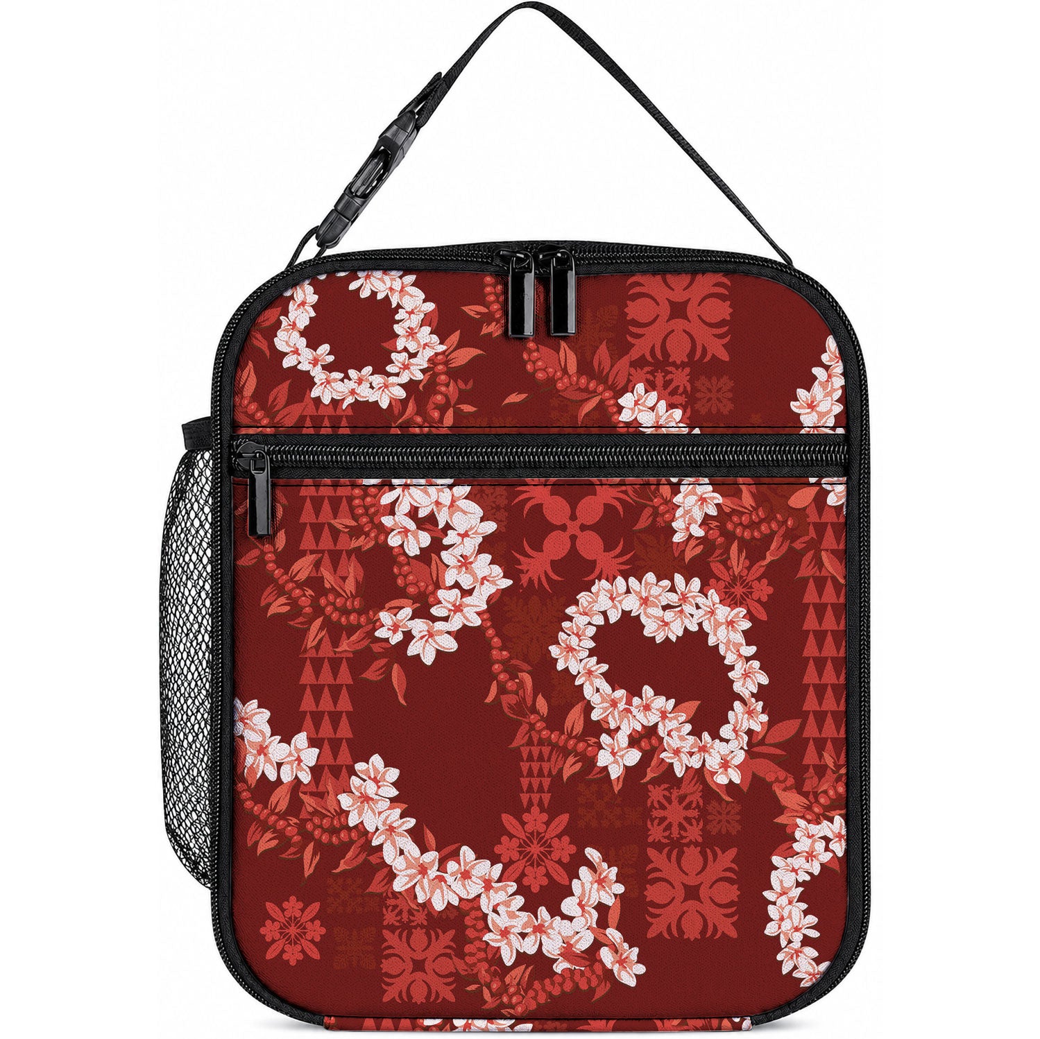 Mokihana Maile and Ilima Leis Lunch Bag Ulaʻula Hawaiian Tapa Quilt Pattern LT9 10.2 × 8.3 × 4.3 inch Red - Polynesian Pride