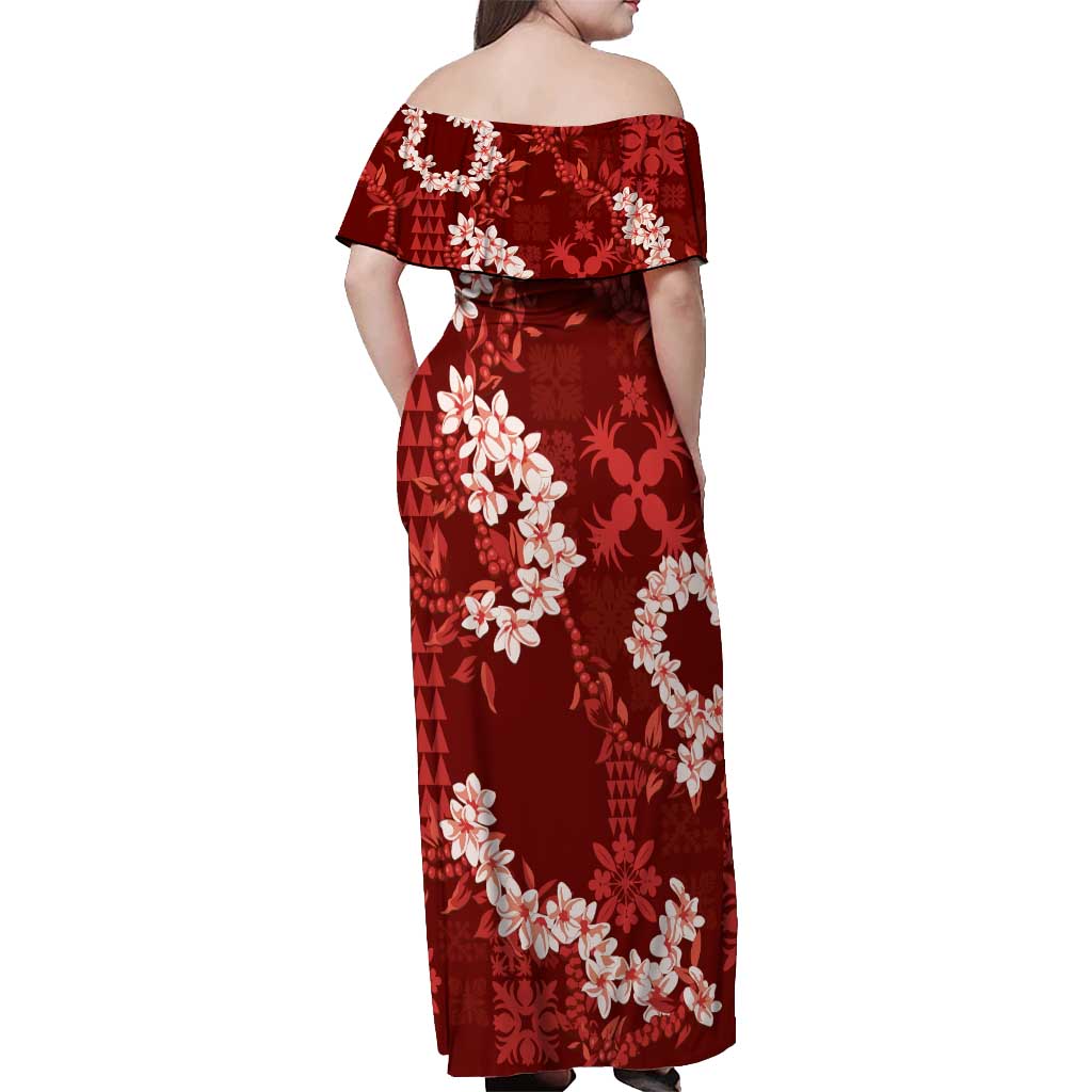 Mokihana Maile and Ilima Leis Off Shoulder Maxi Dress Ulaʻula Hawaiian Tapa Quilt Pattern - Polynesian Pride