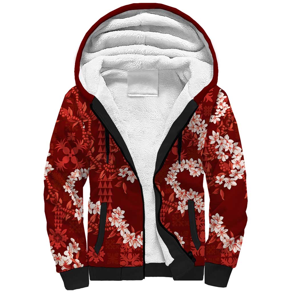 Mokihana Maile and Ilima Leis Sherpa Hoodie Ulaʻula Hawaiian Tapa Quilt Pattern - Polynesian Pride