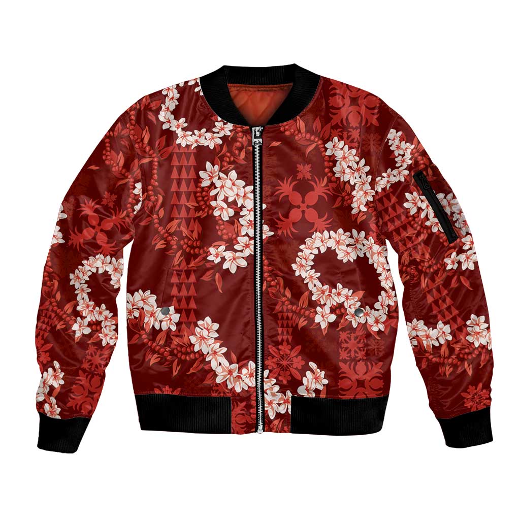 Mokihana Maile and Ilima Leis Sleeve Zip Bomber Jacket Ulaʻula Hawaiian Tapa Quilt Pattern - Polynesian Pride
