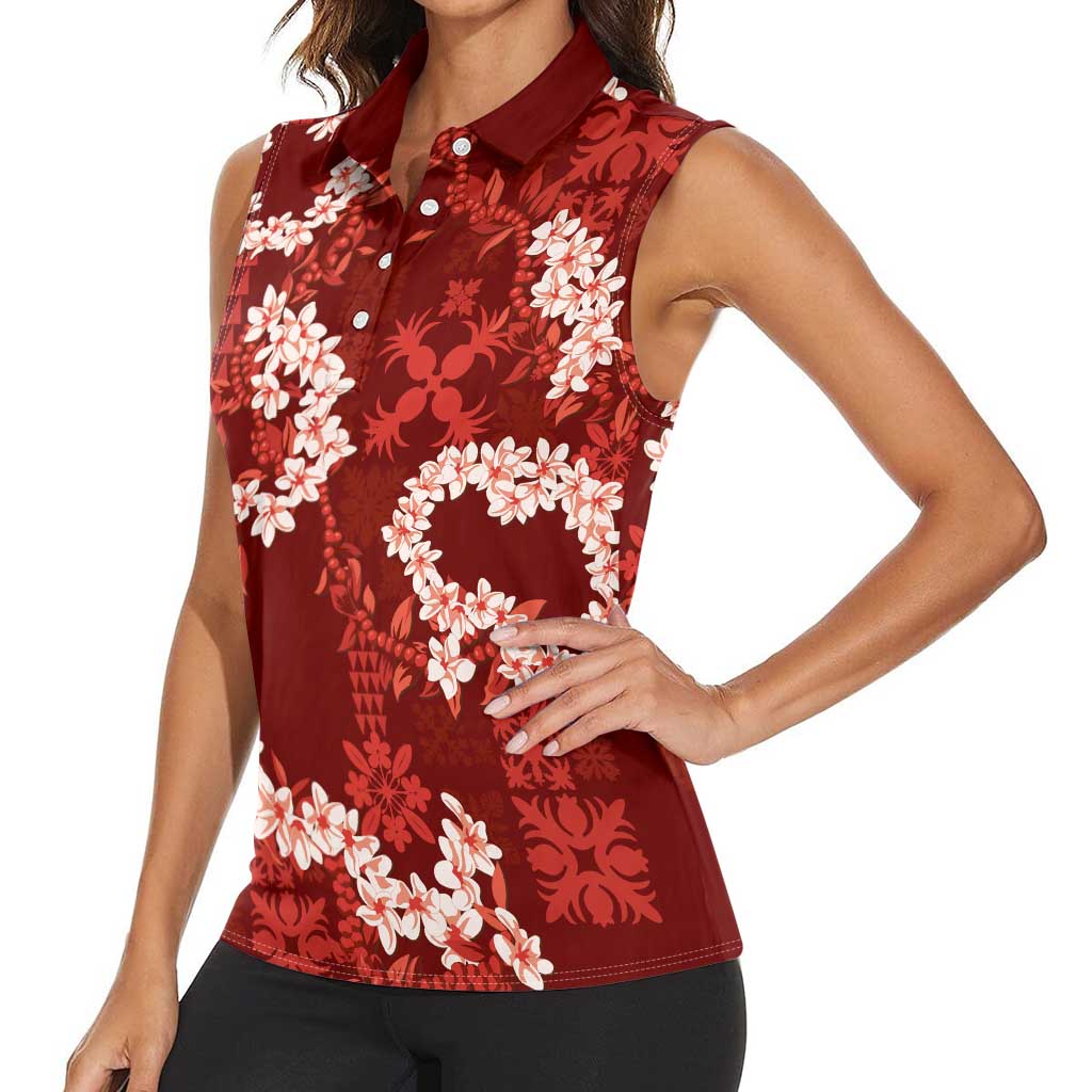 Mokihana Maile and Ilima Leis Women Sleeveless Polo Shirt Ulaʻula Hawaiian Tapa Quilt Pattern - Polynesian Pride