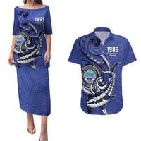 Personalized FSM 1986 Independence Day Couples Matching Puletasi and Hawaiian Shirt Polynesian Shark Tattoo Style LT9 Blue - Polynesian Pride