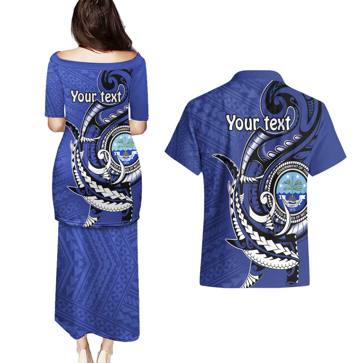 Personalized FSM 1986 Independence Day Couples Matching Puletasi and Hawaiian Shirt Polynesian Shark Tattoo Style LT9 - Polynesian Pride