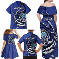 Personalized FSM 1986 Independence Day Family Matching Off Shoulder Maxi Dress and Hawaiian Shirt Polynesian Shark Tattoo Style