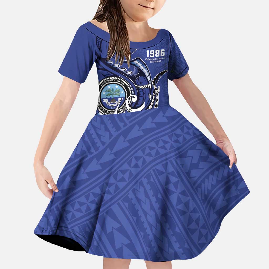 Personalized FSM 1986 Independence Day Family Matching Tank Maxi Dress and Hawaiian Shirt Polynesian Shark Tattoo Style LT9 Daughter's Dress Blue - Polynesian Pride