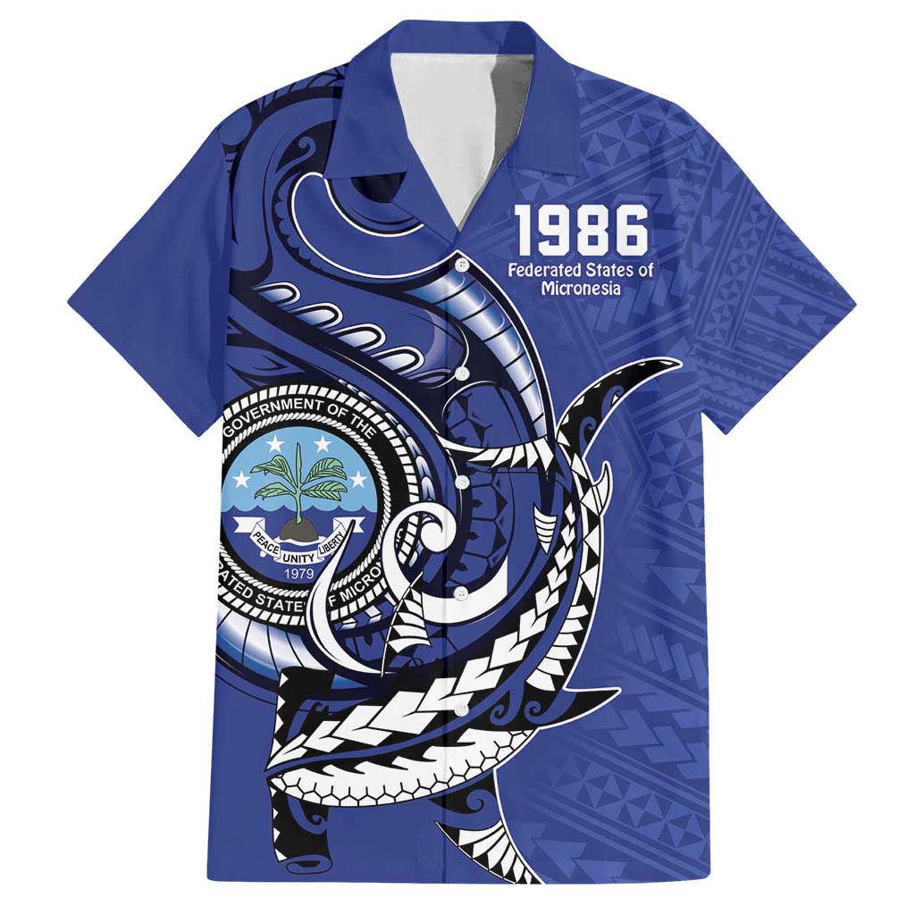 Personalized FSM 1986 Independence Day Family Matching Tank Maxi Dress and Hawaiian Shirt Polynesian Shark Tattoo Style LT9 Dad's Shirt - Short Sleeve Blue - Polynesian Pride