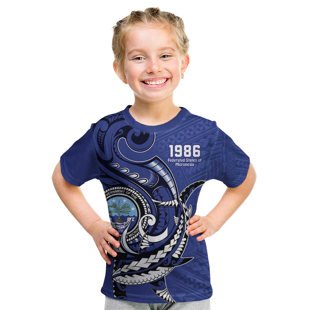 Personalized FSM 1986 Independence Day Kid T Shirt Polynesian Shark Tattoo Style LT9 Blue - Polynesian Pride