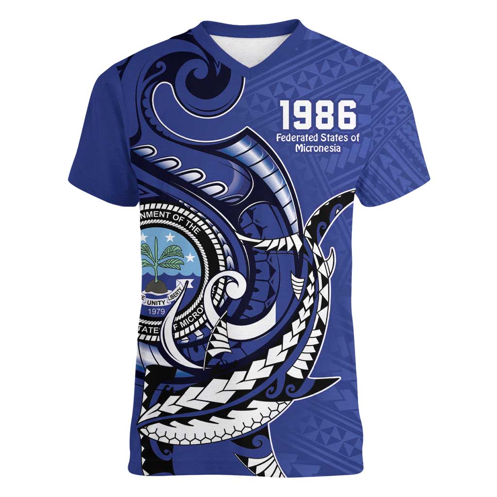 Personalized FSM 1986 Independence Day Women V-Neck T-Shirt Polynesian Shark Tattoo Style LT9 Female Blue - Polynesian Pride