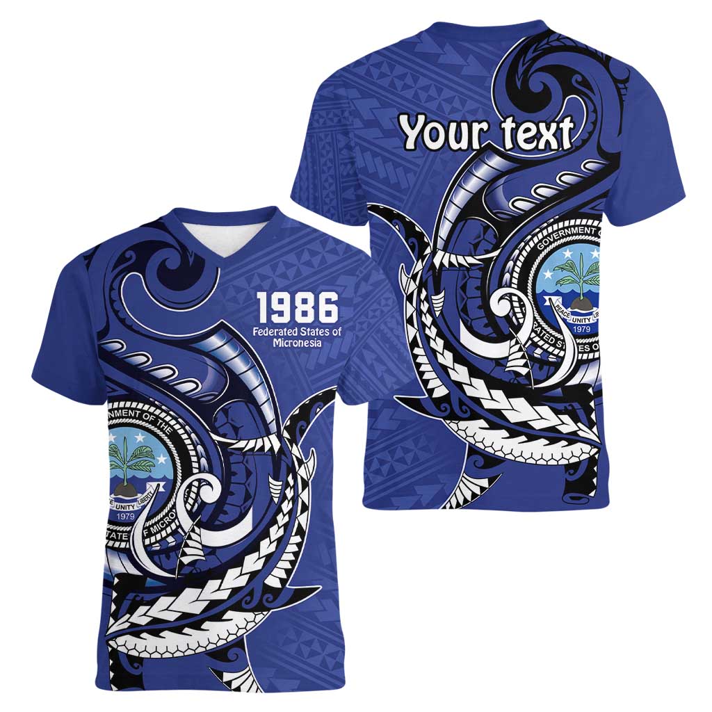 Personalized FSM 1986 Independence Day Women V-Neck T-Shirt Polynesian Shark Tattoo Style LT9 - Polynesian Pride