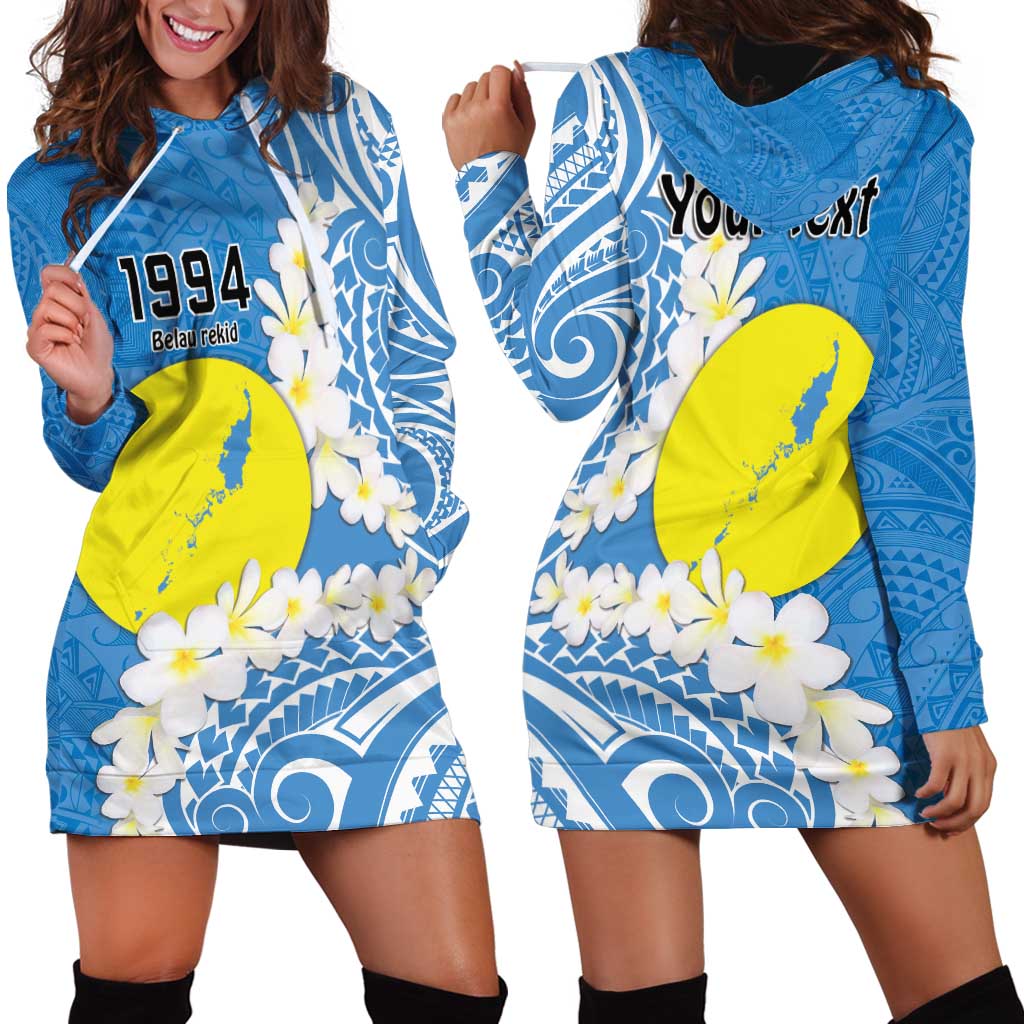Personalized Palau 1994 Belau Rekid Hoodie Dress Polynesian Plumeria Style
