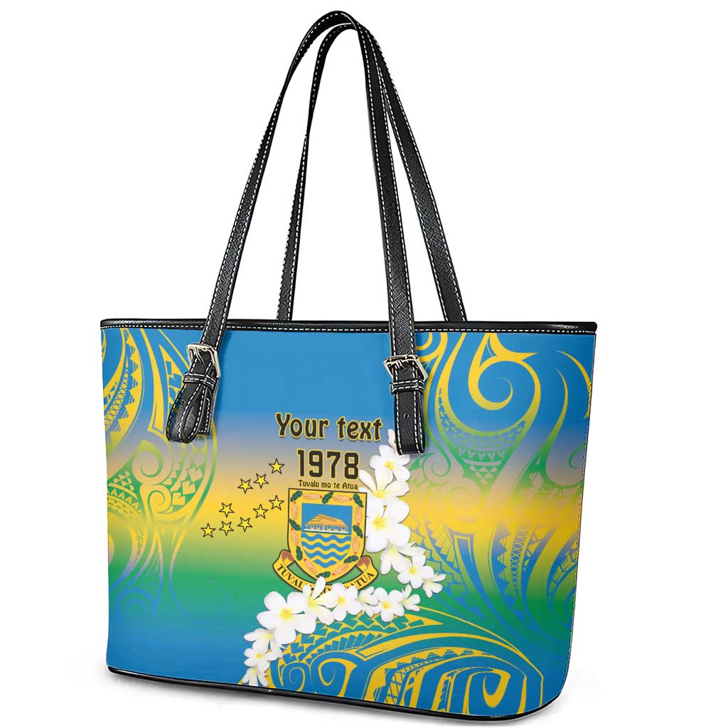 Personalised Tuvalu 1978 Independence Day Leather Tote Bag Polynesian Plumeria Style