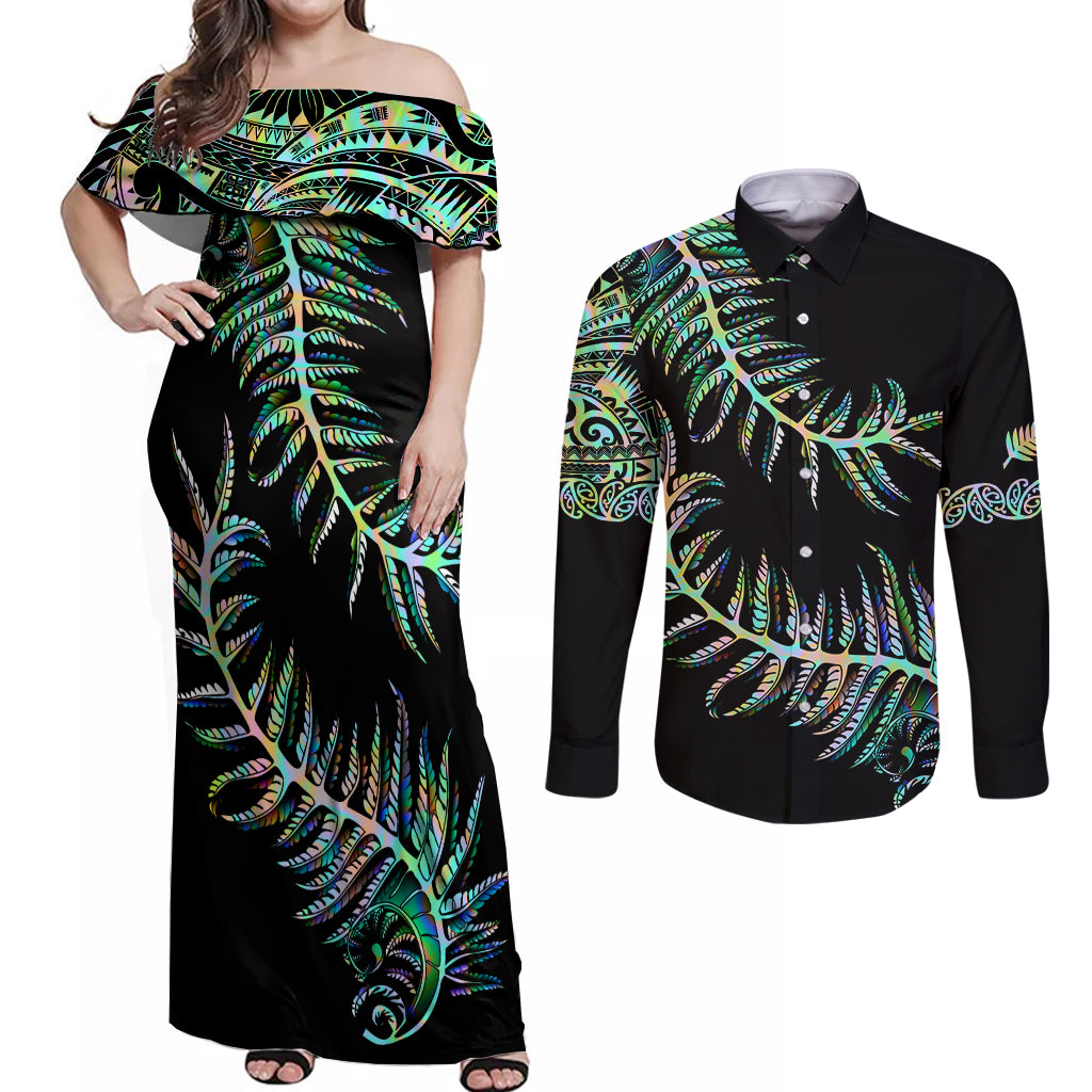 New Zealand Couples Matching Off Shoulder Maxi Dress and Long Sleeve Button Shirt Aotearoa Silver Fern Mixed Papua Shell Green Vibe LT9 Green - Polynesian Pride