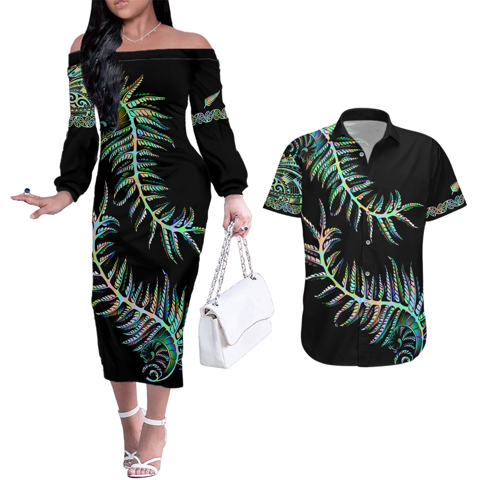 New Zealand Couples Matching Off The Shoulder Long Sleeve Dress and Hawaiian Shirt Aotearoa Silver Fern Mixed Papua Shell Green Vibe LT9 Green - Polynesian Pride