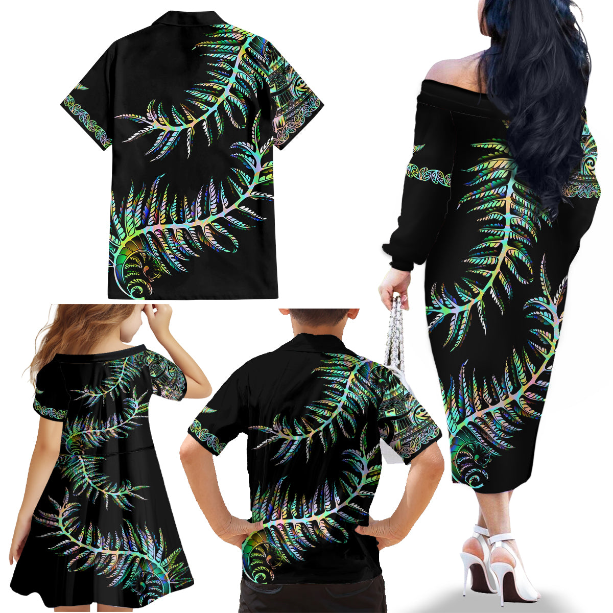New Zealand Family Matching Off Shoulder Long Sleeve Dress and Hawaiian Shirt Aotearoa Silver Fern Mixed Papua Shell Green Vibe LT9 - Polynesian Pride