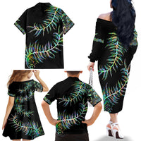 New Zealand Family Matching Off Shoulder Long Sleeve Dress and Hawaiian Shirt Aotearoa Silver Fern Mixed Papua Shell Green Vibe LT9 - Polynesian Pride