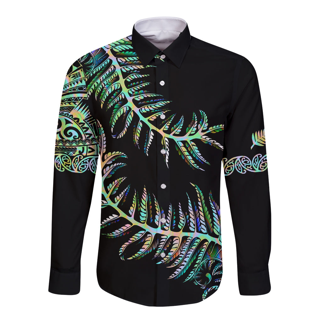 New Zealand Long Sleeve Button Shirt Aotearoa Silver Fern Mixed Papua Shell Green Vibe LT9 Unisex Green - Polynesian Pride