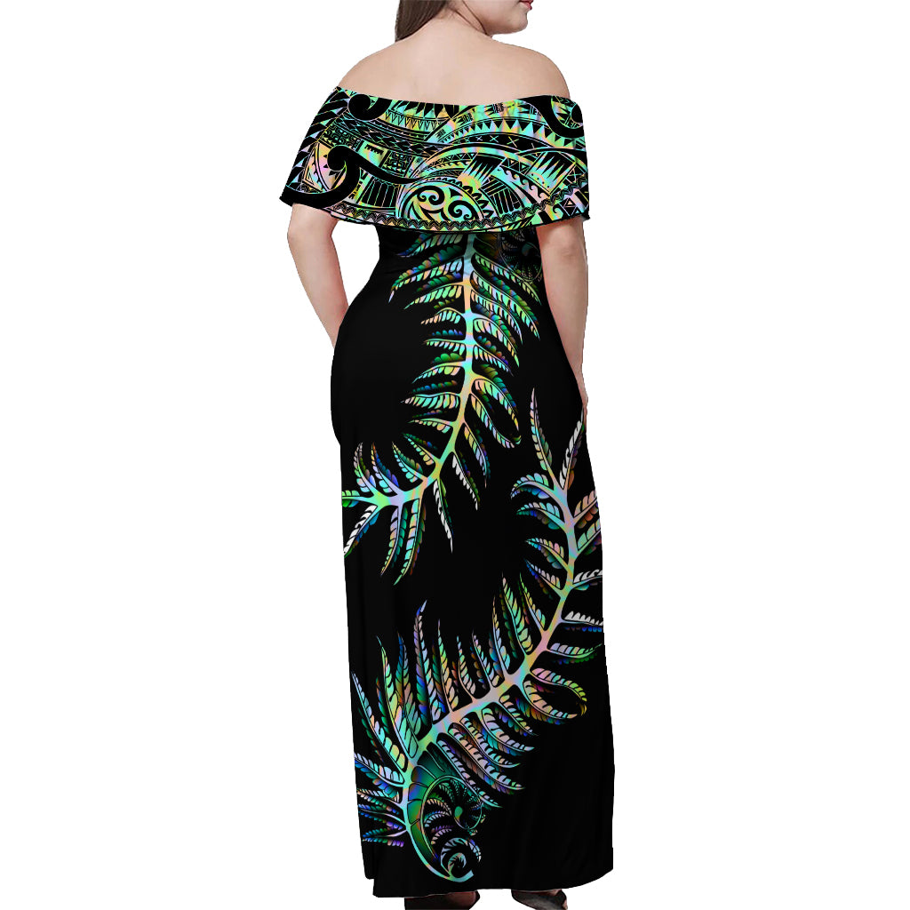 New Zealand Off Shoulder Maxi Dress Aotearoa Silver Fern Mixed Papua Shell Green Vibe LT9 - Polynesian Pride