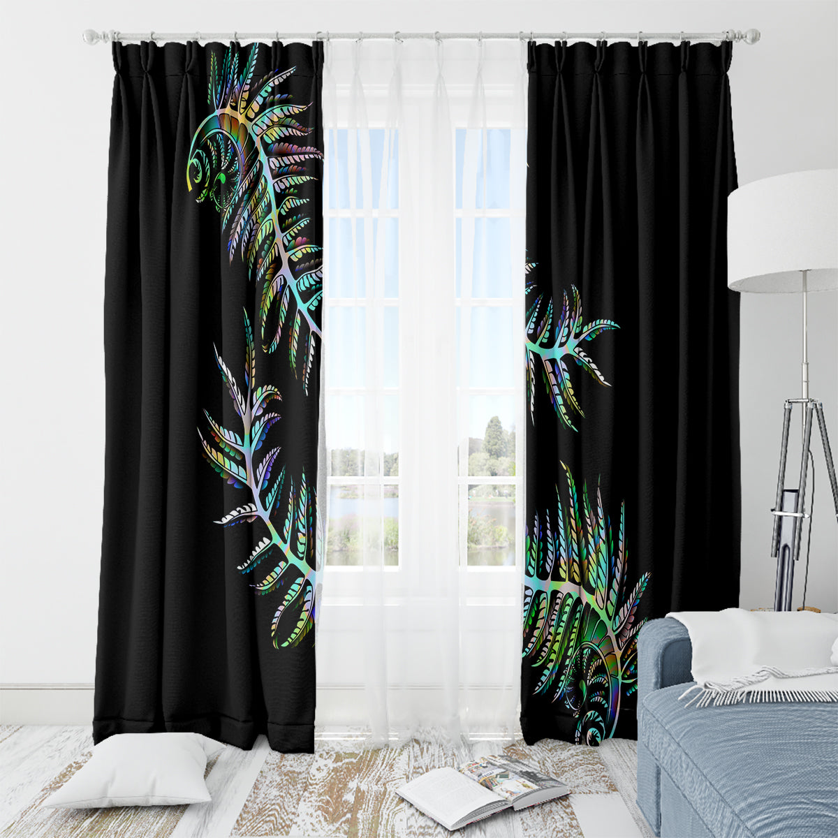 New Zealand Window Curtain Aotearoa Silver Fern Mixed Papua Shell Green Vibe LT9 - Polynesian Pride