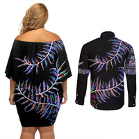 New Zealand Couples Matching Off Shoulder Short Dress and Long Sleeve Button Shirt Aotearoa Silver Fern Mixed Papua Shell Purple Vibe LT9 - Polynesian Pride
