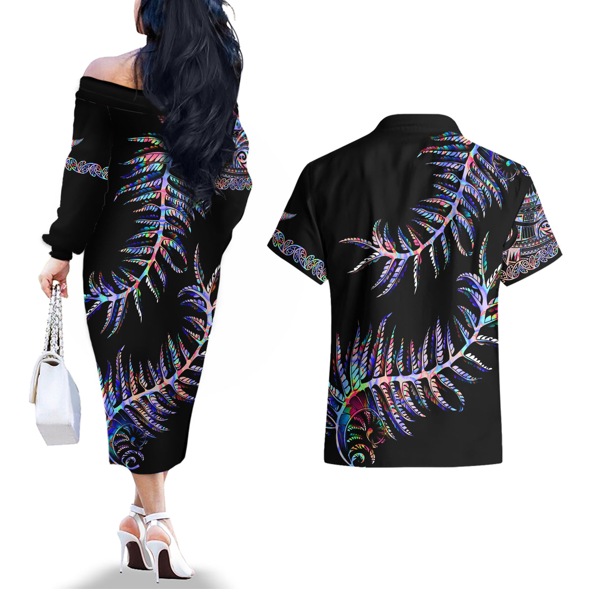 New Zealand Couples Matching Off The Shoulder Long Sleeve Dress and Hawaiian Shirt Aotearoa Silver Fern Mixed Papua Shell Purple Vibe LT9 - Polynesian Pride