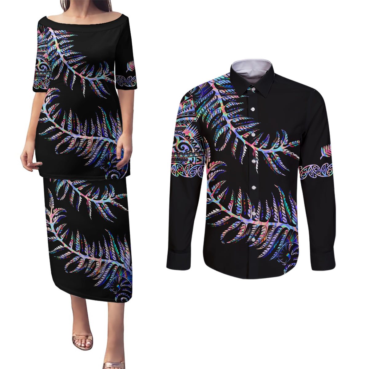 New Zealand Couples Matching Puletasi Dress and Long Sleeve Button Shirt Aotearoa Silver Fern Mixed Papua Shell Purple Vibe LT9 Purple - Polynesian Pride
