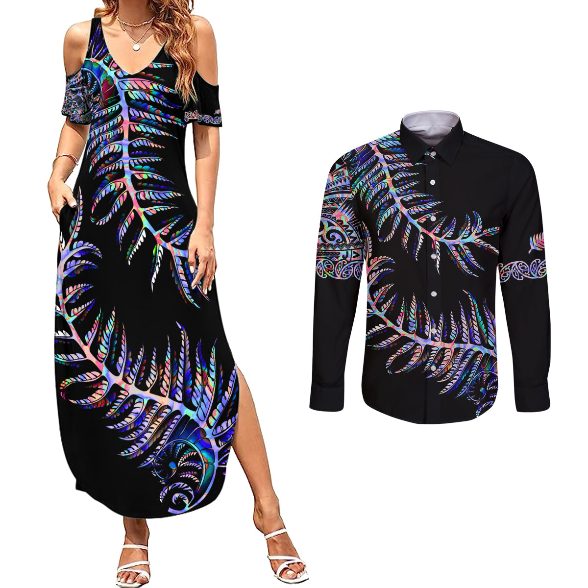 New Zealand Couples Matching Summer Maxi Dress and Long Sleeve Button Shirt Aotearoa Silver Fern Mixed Papua Shell Purple Vibe LT9 Purple - Polynesian Pride