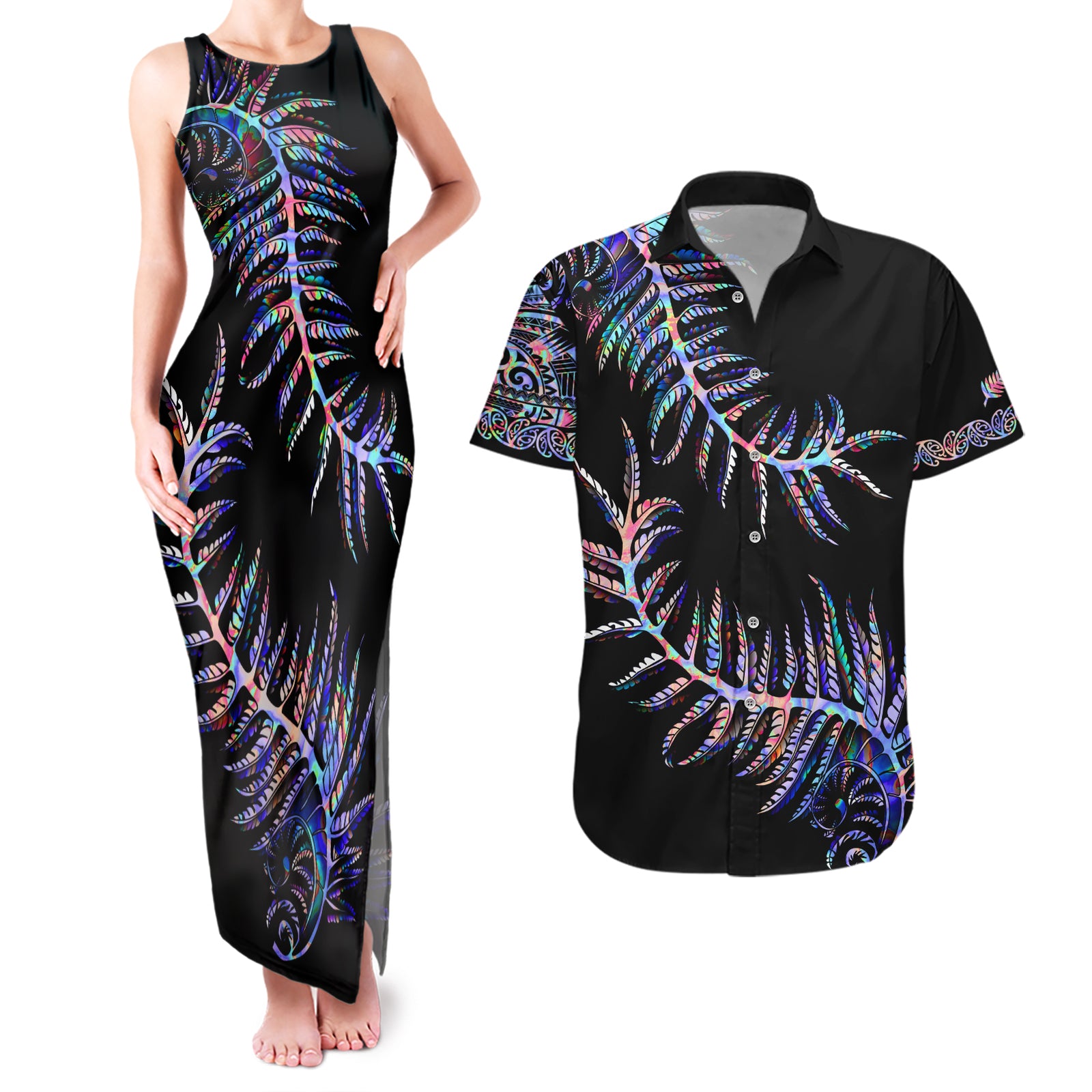 New Zealand Couples Matching Tank Maxi Dress and Hawaiian Shirt Aotearoa Silver Fern Mixed Papua Shell Purple Vibe LT9 Purple - Polynesian Pride