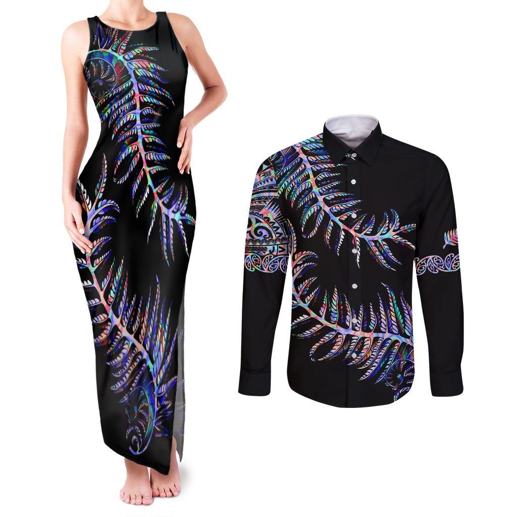 New Zealand Couples Matching Tank Maxi Dress and Long Sleeve Button Shirt Aotearoa Silver Fern Mixed Papua Shell Purple Vibe LT9 Purple - Polynesian Pride