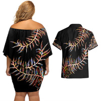 New Zealand Couples Matching Off Shoulder Short Dress and Hawaiian Shirt Aotearoa Silver Fern Mixed Papua Shell Red Vibe LT9 - Polynesian Pride