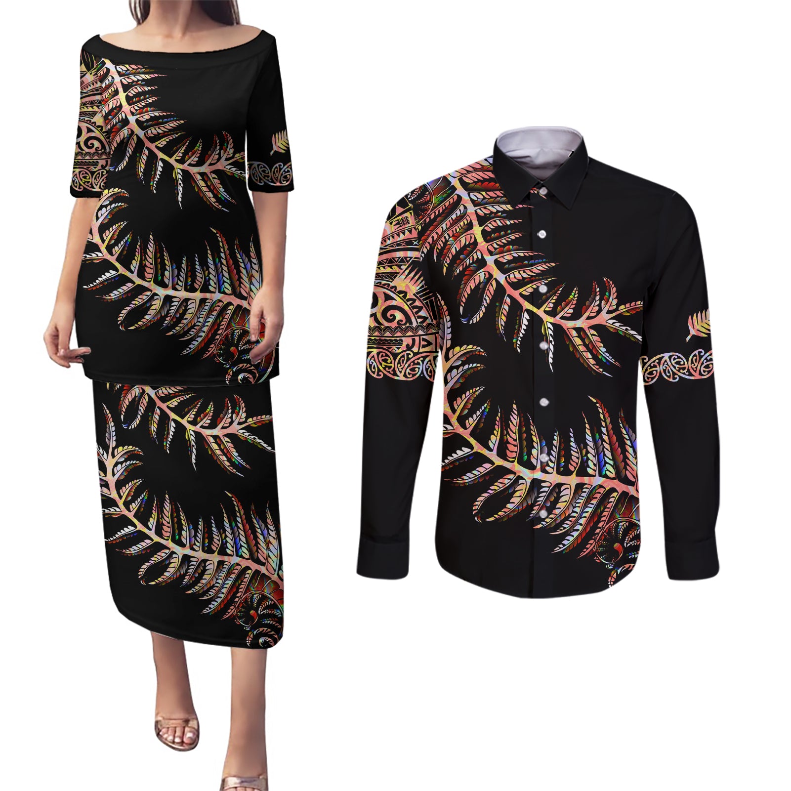 New Zealand Couples Matching Puletasi Dress and Long Sleeve Button Shirt Aotearoa Silver Fern Mixed Papua Shell Red Vibe LT9 Red - Polynesian Pride