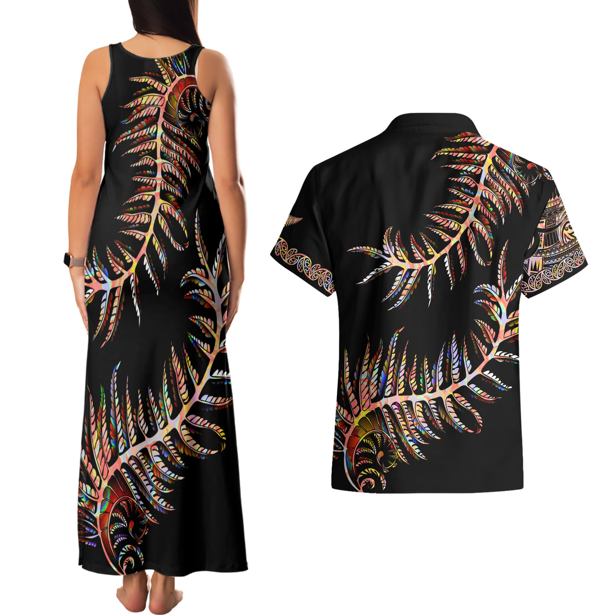 New Zealand Couples Matching Tank Maxi Dress and Hawaiian Shirt Aotearoa Silver Fern Mixed Papua Shell Red Vibe LT9 - Polynesian Pride
