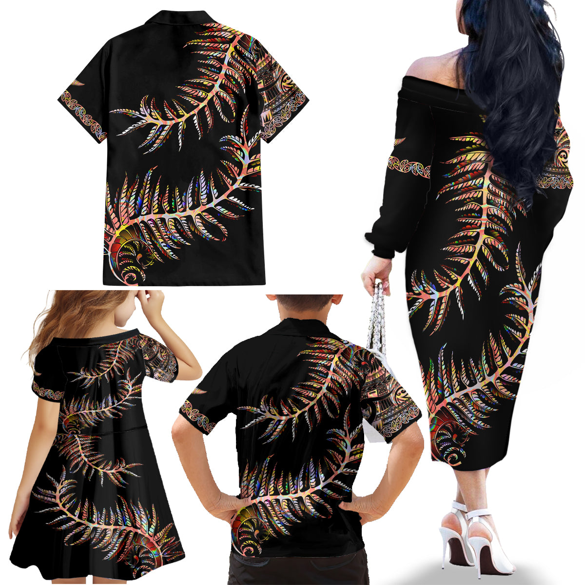 New Zealand Family Matching Off Shoulder Long Sleeve Dress and Hawaiian Shirt Aotearoa Silver Fern Mixed Papua Shell Red Vibe LT9 - Polynesian Pride