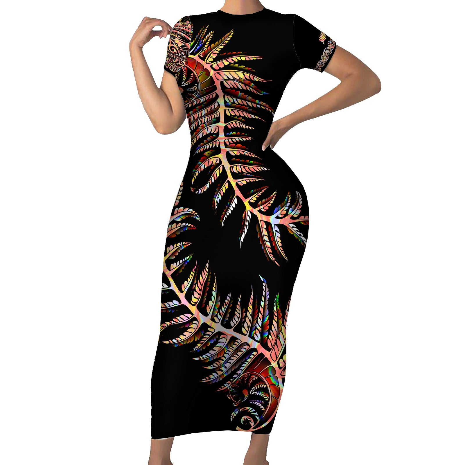 New Zealand Short Sleeve Bodycon Dress Aotearoa Silver Fern Mixed Papua Shell Red Vibe LT9 Long Dress Red - Polynesian Pride