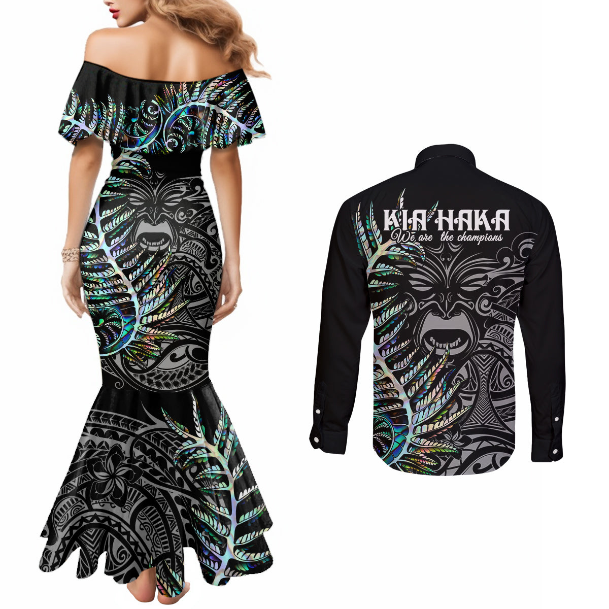 New Zealand Rugby Couples Matching Mermaid Dress and Long Sleeve Button Shirt NZ Black Fern Champions History With Papua Shell LT9 - Polynesian Pride