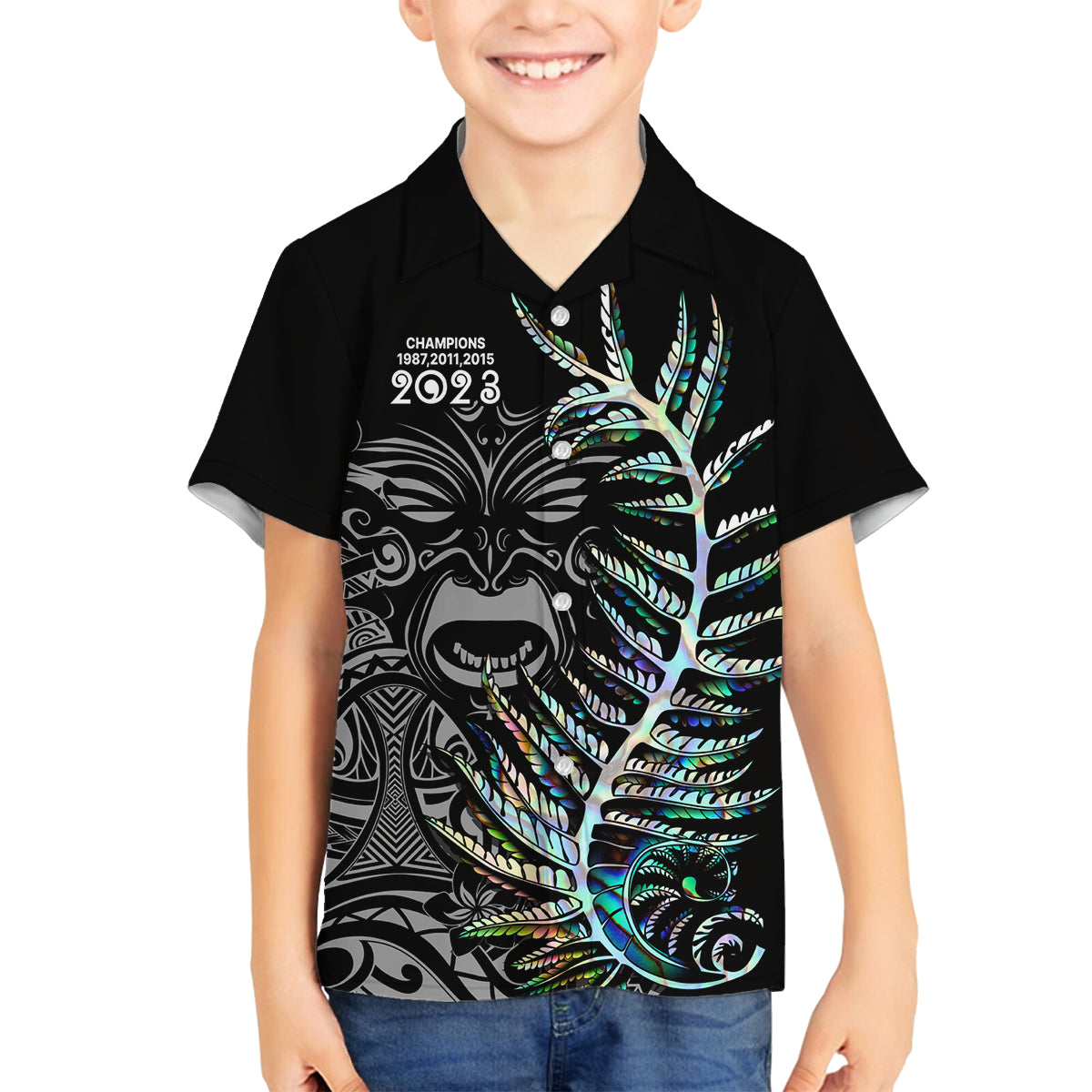 New Zealand Rugby Family Matching Off Shoulder Short Dress and Hawaiian Shirt NZ Black Fern Champions History With Papua Shell LT9 Son's Shirt Black - Polynesian Pride