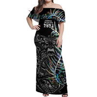 New Zealand Rugby Off Shoulder Maxi Dress NZ Black Fern Champions History With Papua Shell LT9 Women Black - Polynesian Pride