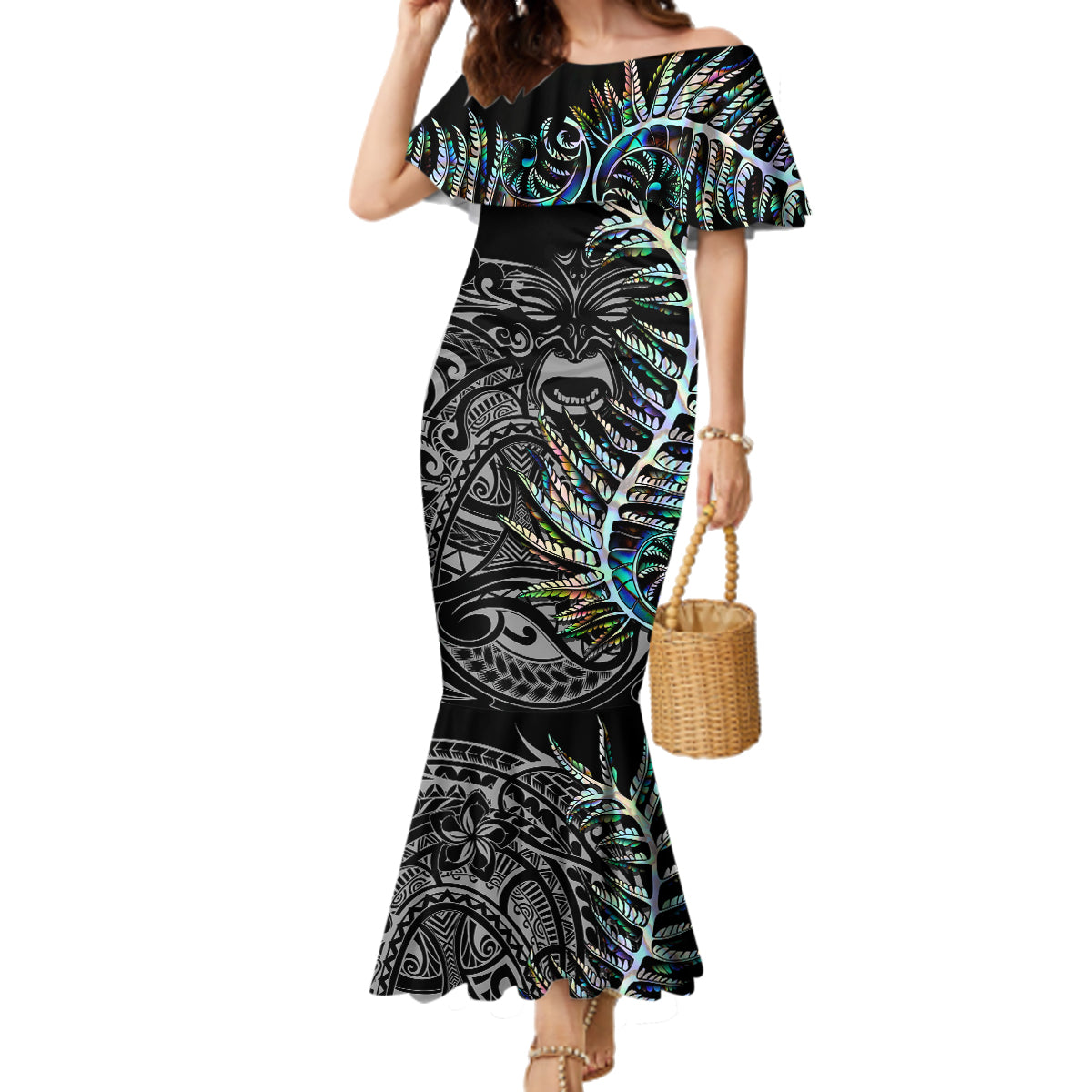 Custom New Zealand Rugby Family Matching Mermaid Dress and Hawaiian Shirt NZ Black Fern Champions History With Papua Shell LT9 Mom's Dress Black - Polynesian Pride