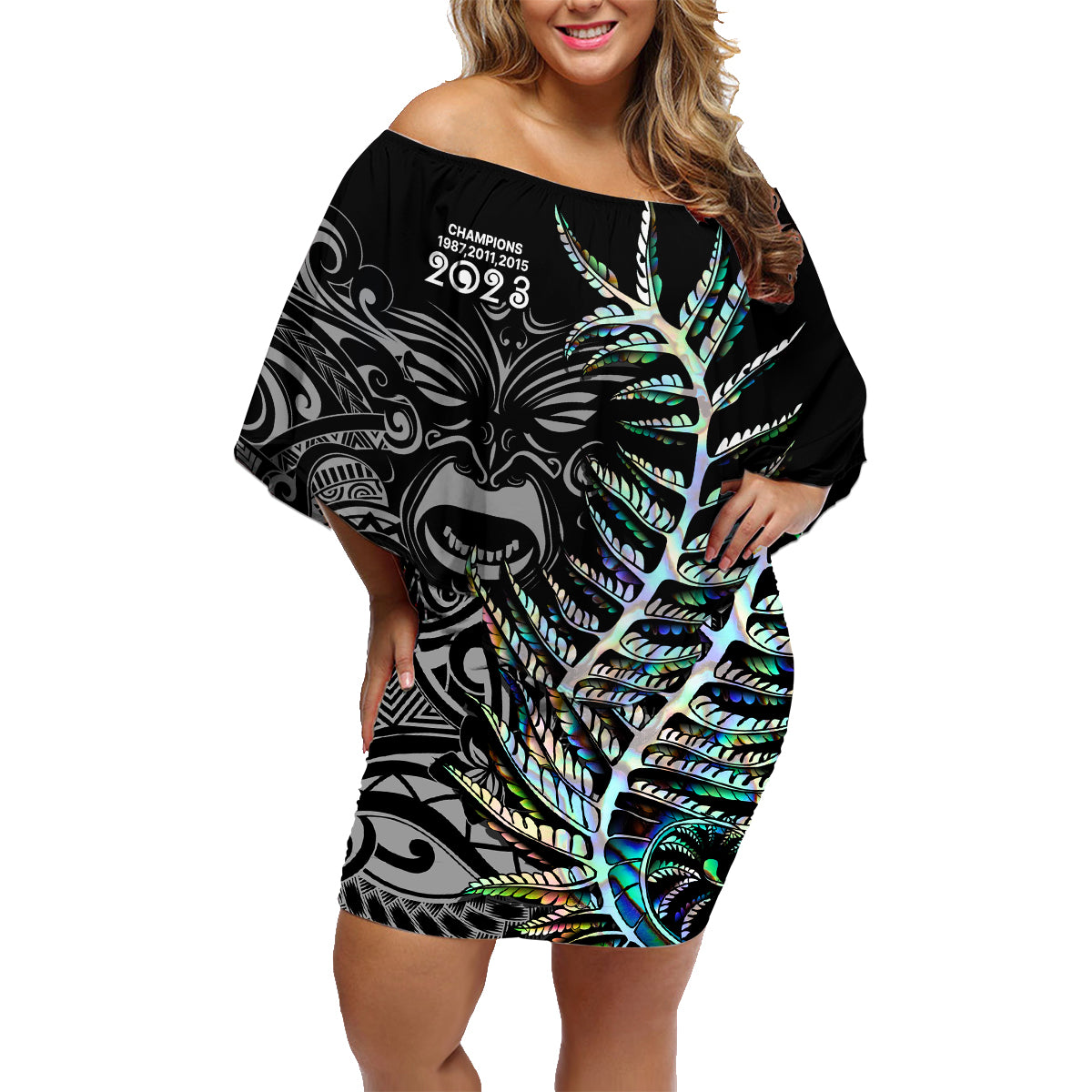 Custom New Zealand Rugby Family Matching Off Shoulder Short Dress and Hawaiian Shirt NZ Black Fern Champions History With Papua Shell LT9 Mom's Dress Black - Polynesian Pride