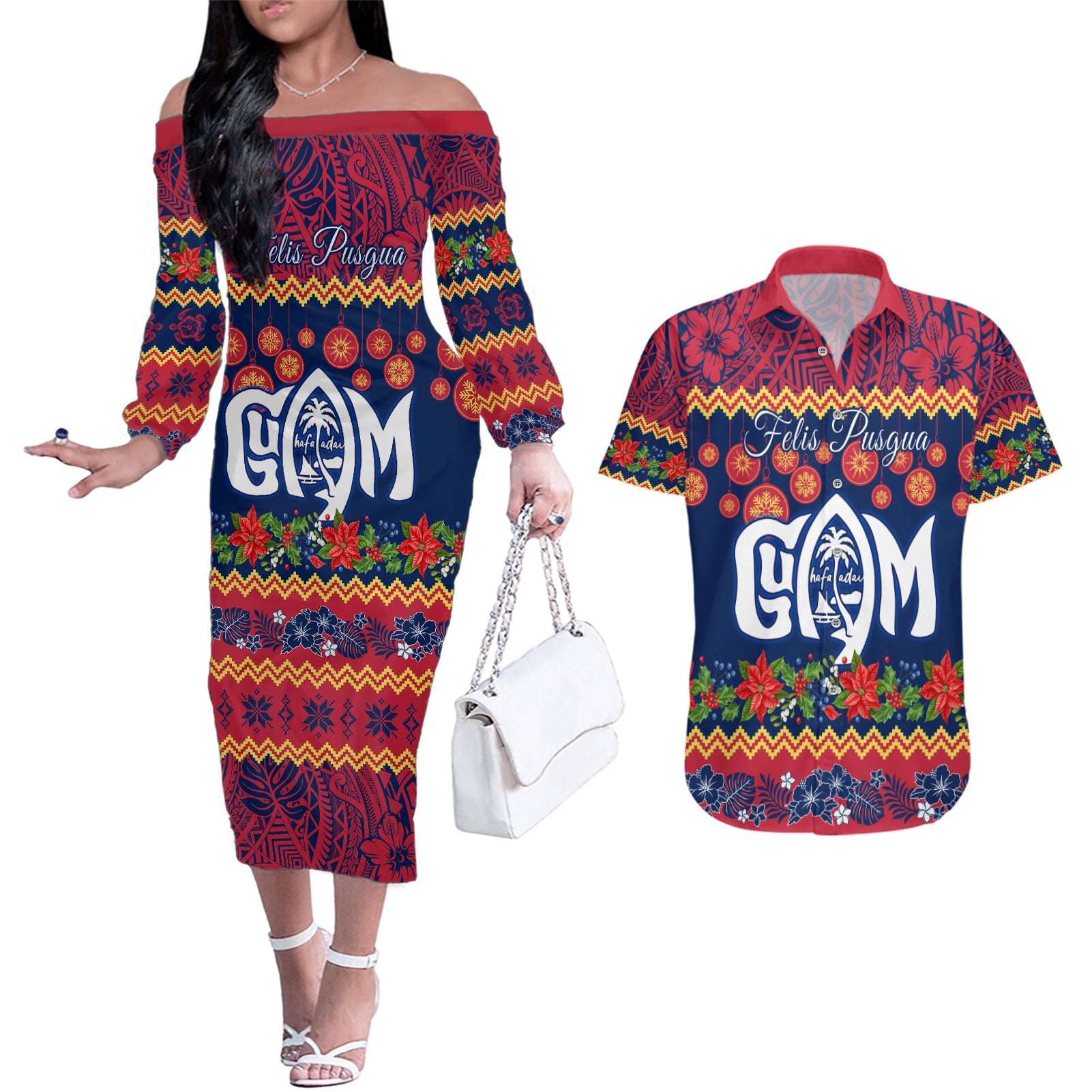 Personalised Guam Christmas Couples Matching Off The Shoulder Long Sleeve Dress and Hawaiian Shirt Felis Pusgua Santa Beach Polynesian Pattern LT9 Blue - Polynesian Pride