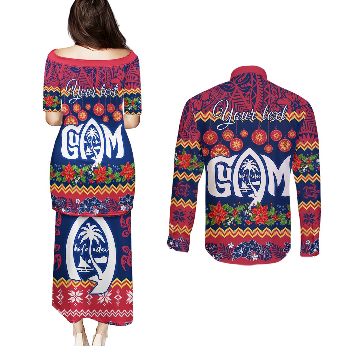 Personalised Guam Christmas Couples Matching Puletasi Dress and Long Sleeve Button Shirt Felis Pusgua Santa Beach Polynesian Pattern LT9 - Polynesian Pride