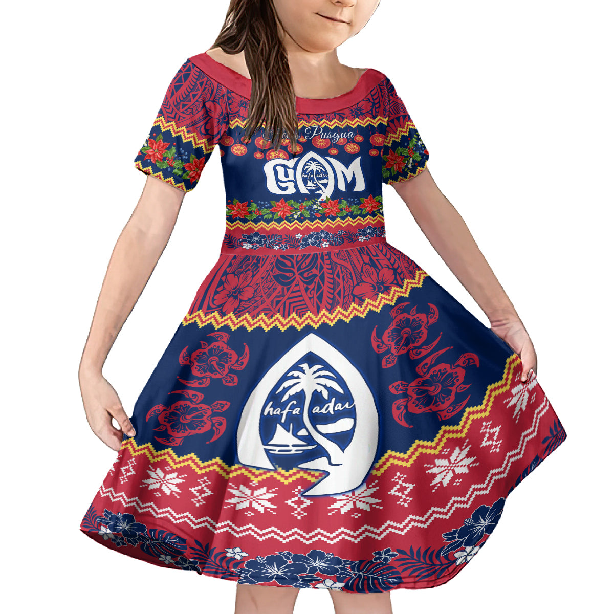 Personalised Guam Christmas Family Matching Long Sleeve Bodycon Dress and Hawaiian Shirt Felis Pusgua Santa Beach Polynesian Pattern LT9 Daughter's Dress Blue - Polynesian Pride