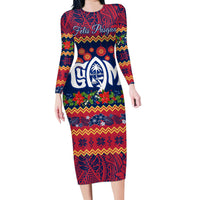 Personalised Guam Christmas Family Matching Long Sleeve Bodycon Dress and Hawaiian Shirt Felis Pusgua Santa Beach Polynesian Pattern LT9 Mom's Dress Blue - Polynesian Pride